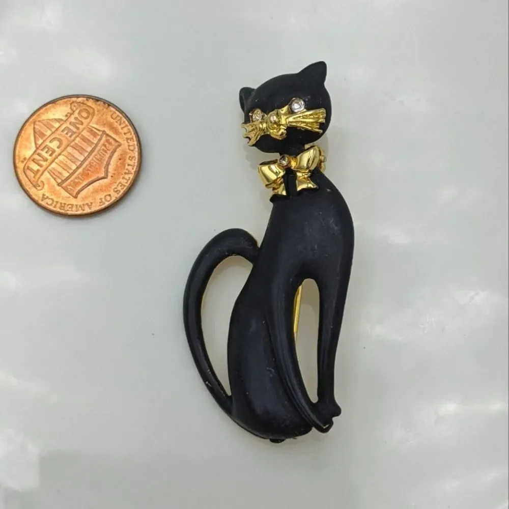 Vintage Black Cat Gold Bow Rhinestone Brooch Pin
